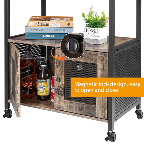 Real Deal Farmhouse Coffee Bar Cabinet And Three Tier Rolling Cart With Loaded Storage Drawer Sturdy Locking Casters Rustic Brown Wood Frame showing magnetic lock detail and organized drinks.
