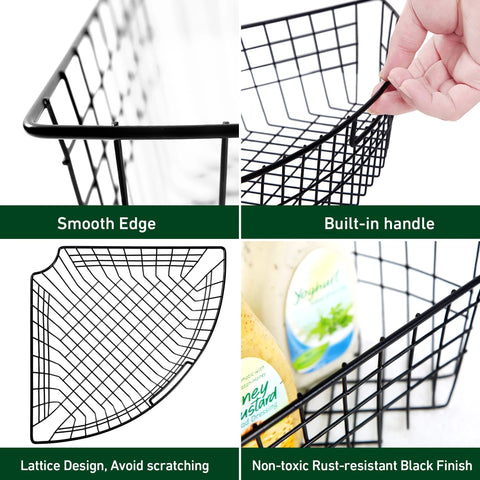 Two-pack black metal wire baskets for 24-inch Lazy Susan; lattice design, smooth edges, built-in handle.
