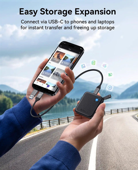 UltraFast 256GB External SSD With 2 In 1 USB C Cable demonstrating portable storage for USB C phones and tablets on a road trip.