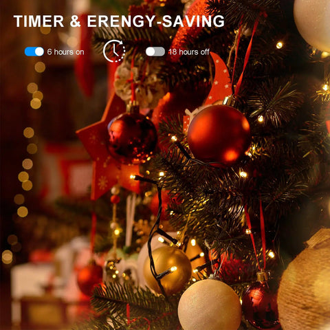 Close-up of Christmas tree with 4 Pack Battery Operated Outdoor Christmas String Lights With 50 Warm White LEDs On 16.5 Feet Of Dark Green Cable Auto Timer For Yard Holiday Decoration And Wreaths