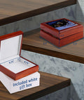 Rad Vintage Penang Rickshaw Ceramic Tile Jewelry Box Crafted From Polished Maple Wood, 5.5x5.5x2.5in, open on marble stairs.