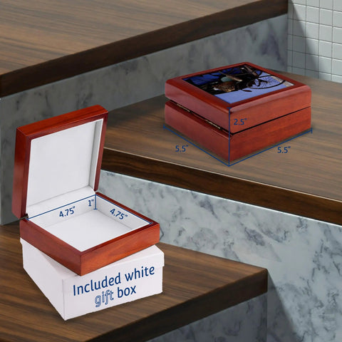Rad Vintage Penang Rickshaw Ceramic Tile Jewelry Box Crafted From Polished Maple Wood, 5.5x5.5x2.5in, open on marble stairs.