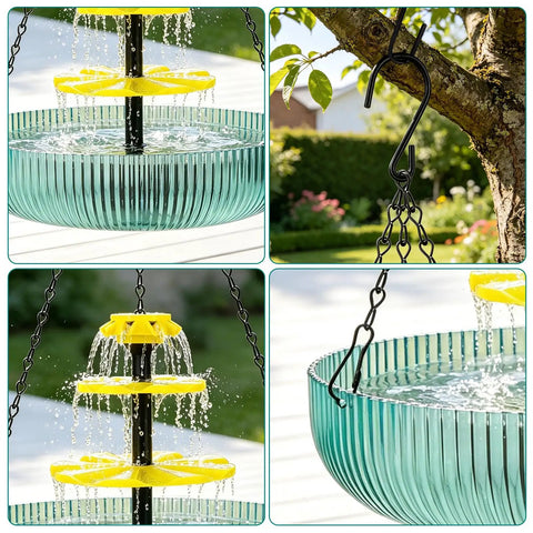 3 Tier Hanging Solar Bird Bath Fountain with Cascading Water Feature and 16.4 Foot Cord Large Bird Bowl Hanging in Garden