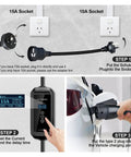 Portable Ev Charger With Type 1 And Type 2 Plugs Adjustable Current Settings steps showing socket connections and charging.
