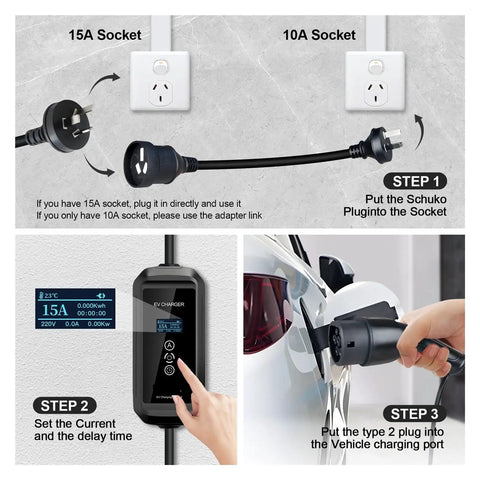 Portable Ev Charger With Type 1 And Type 2 Plugs Adjustable Current Settings steps showing socket connections and charging.