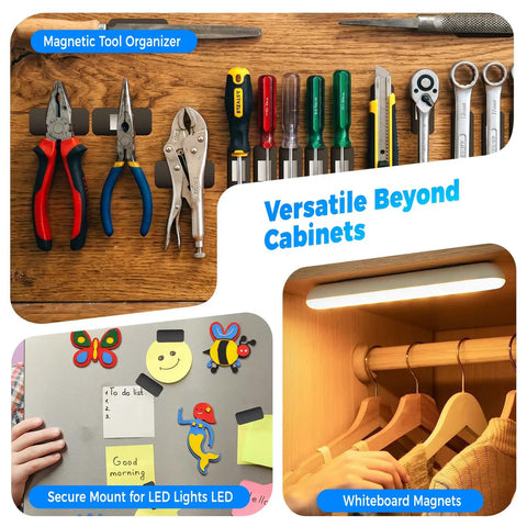 Magnetic tool organizer and magnets demonstrating versatile use, related to Slim Magnetic Cabinet Door Catches Set Of 9 Pairs Matte Black.
