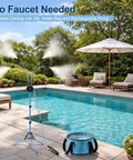 Portable Outdoor Misting System With 30L Water Bag And Rechargeable Pump Hose Free Cooling For Patio Backyard Or Beach Up To 6 Hours Runtime Ideal For Camping Or Porch Stay Chill next to a pool.