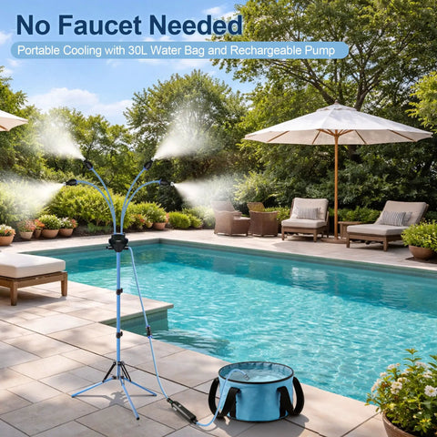 Portable Outdoor Misting System With 30L Water Bag And Rechargeable Pump Hose Free Cooling For Patio Backyard Or Beach Up To 6 Hours Runtime Ideal For Camping Or Porch Stay Chill next to a pool.