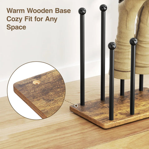 Close-up of 8 Pair Boot Rack And Shoe Organizer Tall Free Standing Stand with wood base and metal frame holding boots