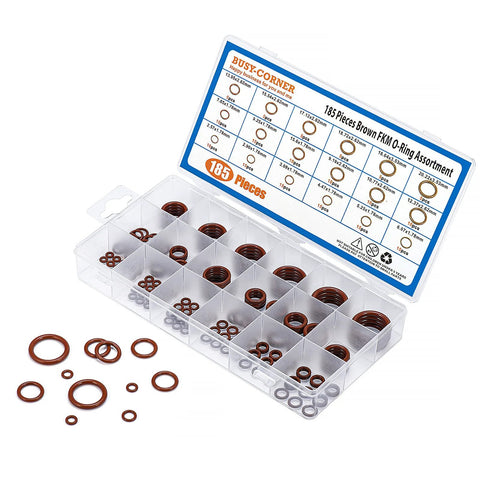 Busy-Corner 185-piece brown FKM O-ring kit in clear plastic organizer with 18 sizes (IDs 2.57–20.22 mm)