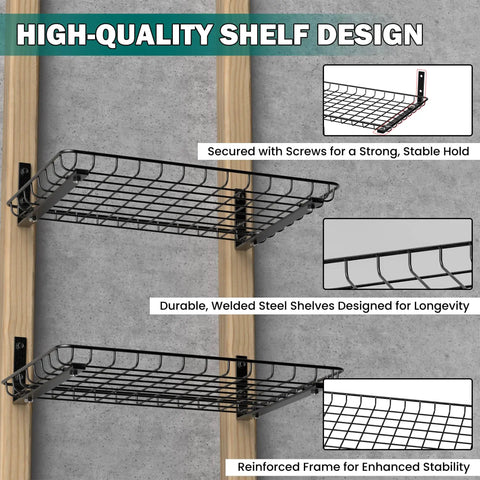 Heavy Duty Wall Mounted Garage Shelves 12x18 Inches Two Pack, Metal Shelf Rack, Black Rust Resistant Steel, installed view