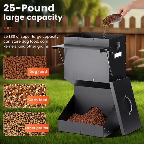 Built Tough Automatic Dog Feeder For Large Breeds Outdoor Gravity Pet Food Dispenser With 25 Pound Capacity showing dog food compartment.
