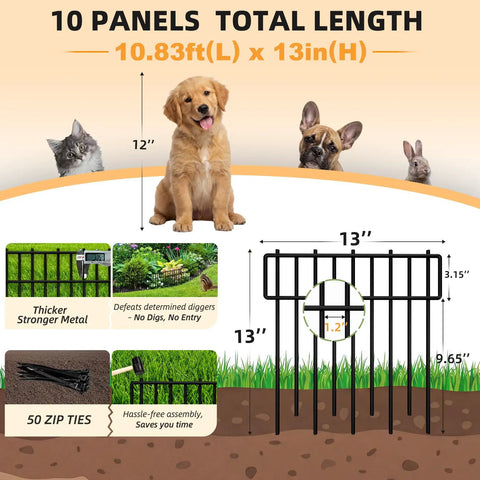Diagram showing 1.2 Inch Gap Animal Barrier Fence Panels No Dig Garden Fencing Kit with dimensions and animals for yard use