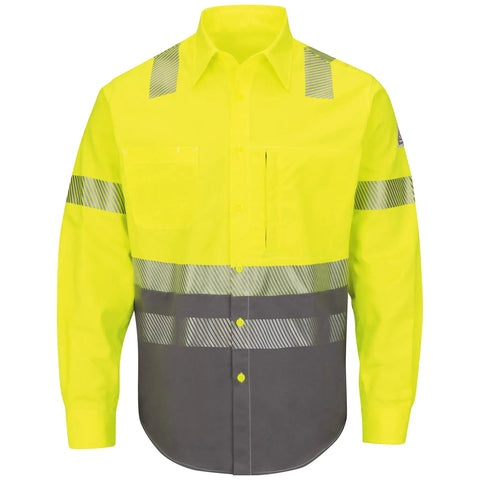 Mens High Visibility Arc Rated Field Shirt Ansi Class 3 Color Block Workwear Zippered Chest Pocket Built Tough Crew Approved Heavy Duty Yellow Green 2x Large Fit front view of shirt with reflective stripes