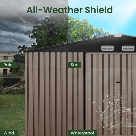 12 By 10 Ft Outdoor Metal Storage Shed For Backyard And Patio, demonstrates all-weather protection from rain, sun, wind