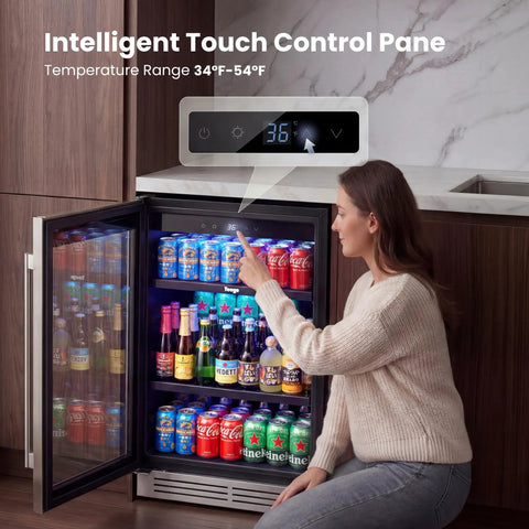 Under Counter Beverage Refrigerator With Glass Door 24 Inch 180 Can Beer Cooler, Temperature Range 34-54 Degrees Fahrenheit, Built-In Drink Fridge for Bar Office Home Kitchen, glass door open showing full cans