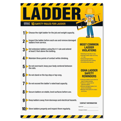 Essential Ladder Safety Poster With OSHA Rules, 10 Must-Know Ladder Guidelines For Safe Climbing, Setup, Inspection, And Storage
