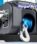 Close-up of Reversible Electric Trailer Winch For Boats Up To 6000 Lbs 12V DC Dual Mode Power In Power Out Freewheel Operation