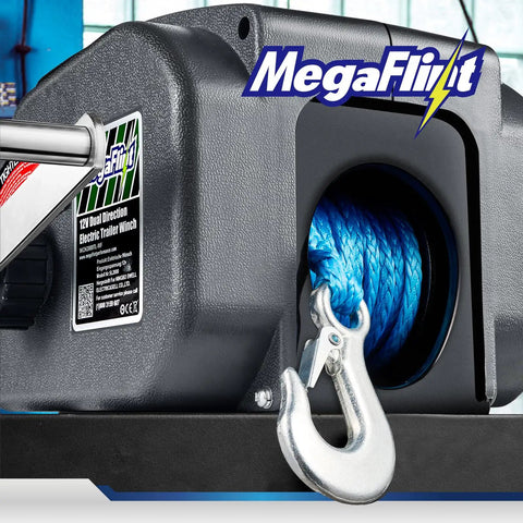 Close-up of Reversible Electric Trailer Winch For Boats Up To 6000 Lbs 12V DC Dual Mode Power In Power Out Freewheel Operation