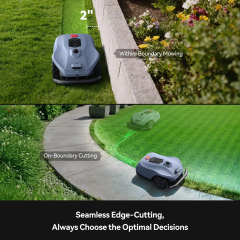 X2 Pro Auto Mapping Robot Lawn Mower With Perimeter Wire Free Setup mowing near flowerbed and pathway, rainproof design