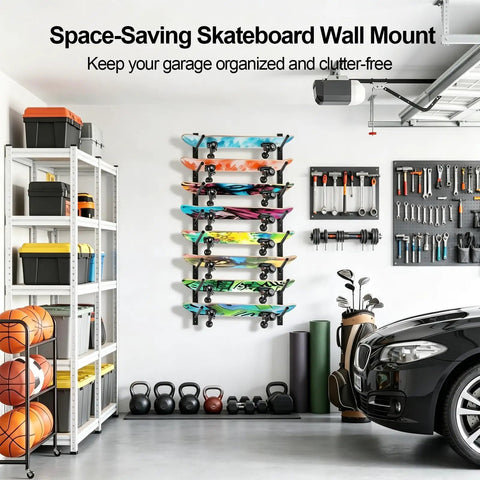 Four Layer Horizontal Skateboard Wall Mount Rack For All Boards And Sizes Boss Wall Storage Organizer in a garage setting.