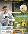 Man using app on tablet with WiFi Water Timer For Garden Hose No Fuss Two Zone With Smart Sprinkler Control 984 Ft RF Range Brass Inlet in background