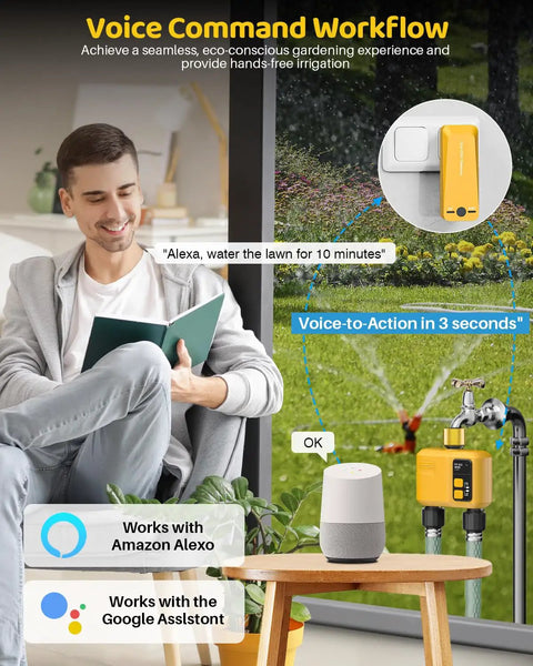 Man using app on tablet with WiFi Water Timer For Garden Hose No Fuss Two Zone With Smart Sprinkler Control 984 Ft RF Range Brass Inlet in background