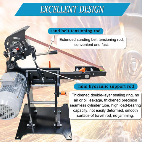 Solid Premium Heavy Duty 71 X 2 Inch Belt Sander And Disc Grinder With Variable Speed for knife making, showing sand belt tensioning rod and motor.