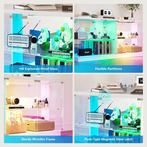 Glass Display Cabinet With Charging Station And RGB Lighting showcasing flexible partitions and storage features