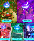 Moonlit Galaxy Night Projector For Bedroom With 43 Lighting Modes; kids playing under starry night light.