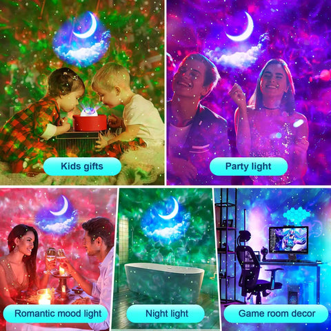 Moonlit Galaxy Night Projector For Bedroom With 43 Lighting Modes; kids playing under starry night light.
