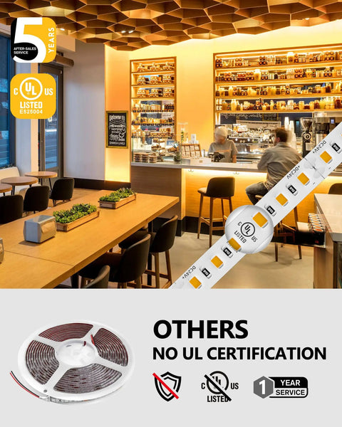 Warm White LED Strip Light 2700K 24V High CRI 95 Easy Install IP30 25ft Spool Over 240 Lumens Per Foot 900 LEDs UL Listed Tape Lighting