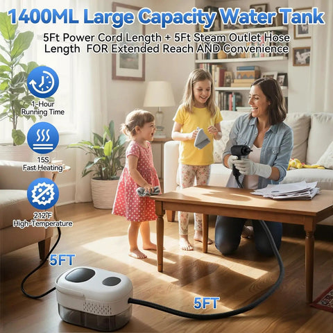 This bad boy 2500W Handheld Steam Cleaner in a home setting with kids, ideal for deep cleaning tile and upholstery.