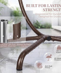 Close-up of heavy-duty alloy steel frame with anti-rust coating for hanging egg chair with stand for patio and garden.