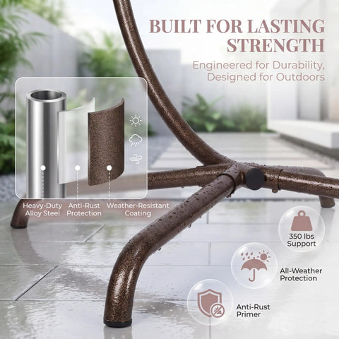 Close-up of heavy-duty alloy steel frame with anti-rust coating for hanging egg chair with stand for patio and garden.