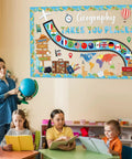 Teacher with globe and children in class with Geography Bulletin Board Set Must Have Adventure Travel Map Classroom Decor.