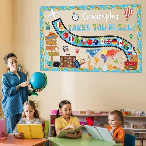 Teacher with globe and children in class with Geography Bulletin Board Set Must Have Adventure Travel Map Classroom Decor.