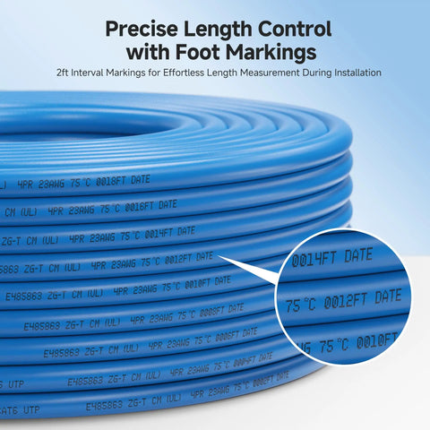 UL Listed 10Gbps In Wall Cat6 Cable 23 AWG Bare Copper Solid Bulk Ethernet Cord 500 Ft UTP CM Rated Blue with foot markings