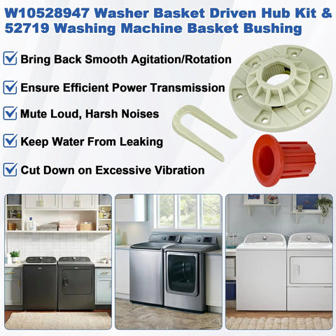 W10528947 Washer Basket Repair Kit Featuring Driven Hub And Heavy Duty Bushing Assembly with installation tools and washers.
