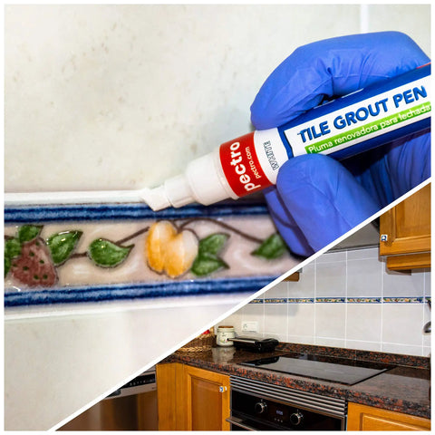 Person using Grout Pen White 2 Pack With 4 Extra Nibs Waterproof Grout Whitener And Paint For Bathroom And Kitchen Easy To Apply Restores Dirty Grout Lines 0.27oz Each Great For Tile Grout Renewal on decorative tile.