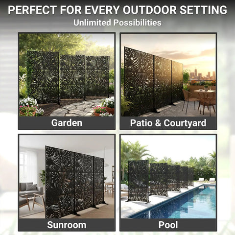 Outdoor Metal Privacy Screen 72 Inch Freestanding Divider Panel With Laser Cut Tropical Leaf Design Weatherproof Steel Garden Fence For Patio Deck Backyard And Balcony Modern Privacy Solution in various settings