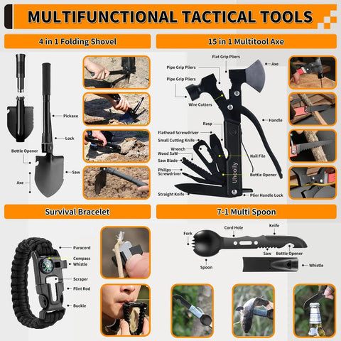Multifunctional tactical tools including folding shovel, multitool axe, survival bracelet, and 7-in-1 multi spoon with features.