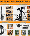 252 Piece Survival Gear Kit With Compact First Aid Case showing multitool shovel, axe, bracelet, and spoon tools.