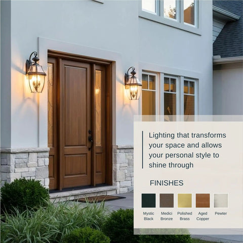 Newbury 23 Inch Outdoor Wall Lantern, 3 Light Mystic Black With Clear Beveled Glass on a house entryway with stone accents.