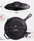 12 Inch Cast Iron Skillet with 12.2 inch lid, showing dimensions and handle, ideal for stove and campfire cooking.