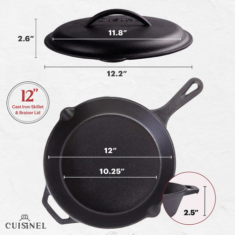12 Inch Cast Iron Skillet with 12.2 inch lid, showing dimensions and handle, ideal for stove and campfire cooking.