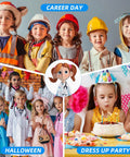 Kids in costumes including Kids Doctor Lab Coat Set With Stethoscope And Name Tag, celebrating career day, Halloween, and a birthday party.