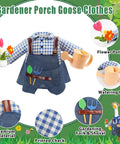 Totally Cute Porch Goose Gardener Outfit Kit For A 23 Inch Goose Statue Two Piece Goose Clothes With Hat Scarf Apron Skirt Tools Watering Can And Flower Pot For Spring Summer Garden Yard Decor displayed with tools.