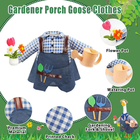 Totally Cute Porch Goose Gardener Outfit Kit For A 23 Inch Goose Statue Two Piece Goose Clothes With Hat Scarf Apron Skirt Tools Watering Can And Flower Pot For Spring Summer Garden Yard Decor displayed with tools.