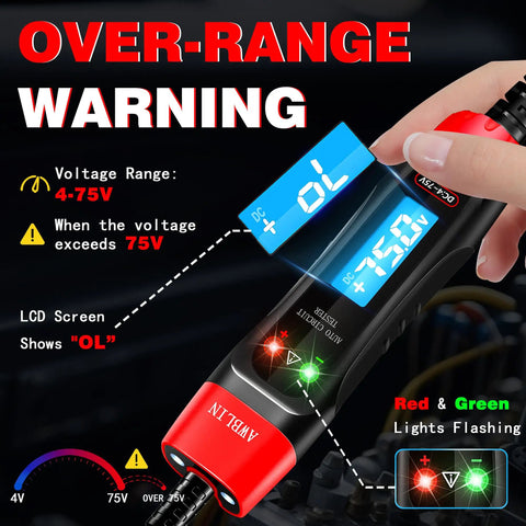 4-75V DC Automotive Test Light With Buzzer Sound For Wide Range Electrical Diagnostics Tests Headlights Taillights Fuses Batteries And More Pro Grade Car Circuit Tester LCD over-range warning display